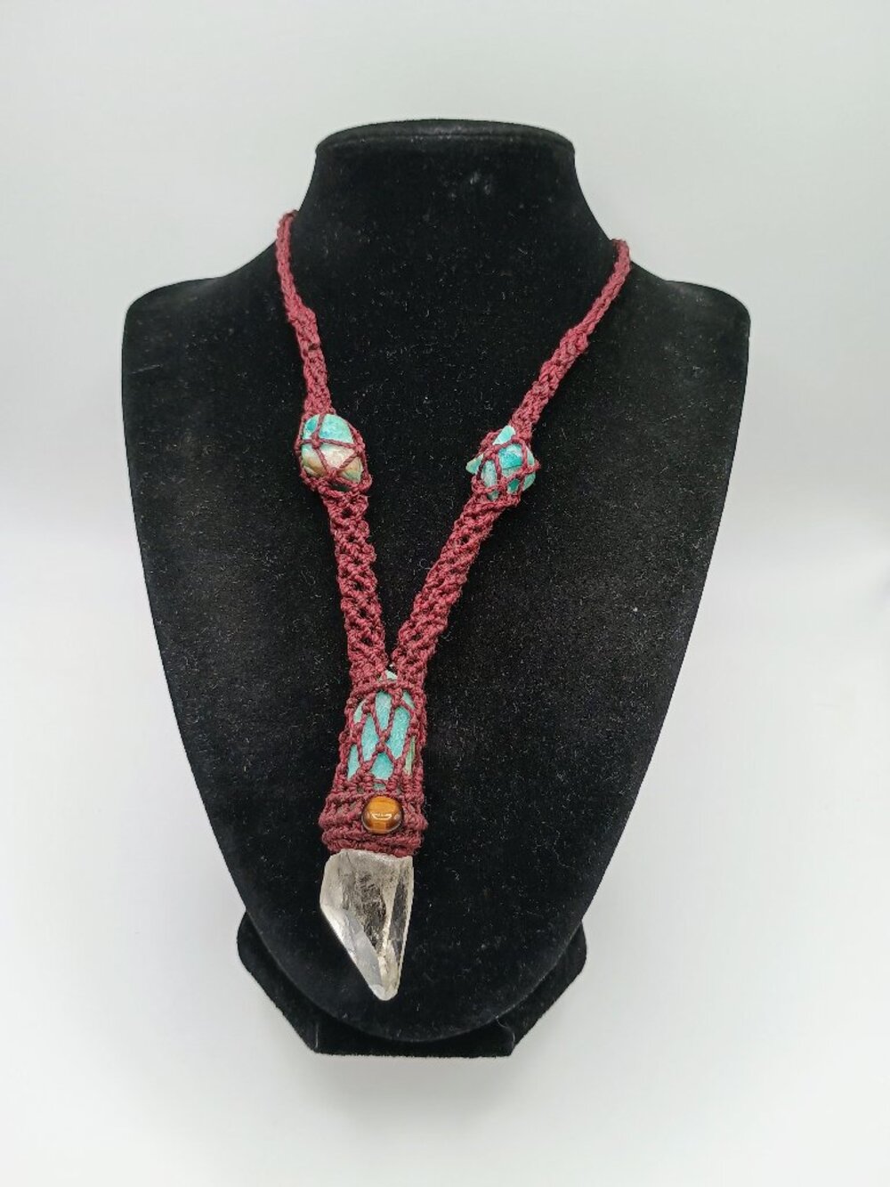 Handmade Macrame Necklace with Amazonite Crystal Quartz and Tiger's Eye